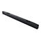 Schwarze Soundbar, texturiert und rechteckig, mit Dell-Logo.