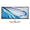 Ultrawide-Monitor von Dell mit einem geschwungenen Bildschirm, silbernem Fuß und abstrakter, blauer Darstellung. Das Dell-Logo ist sichtbar.