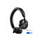 Casque noir avec microphone sur fond blanc. Logos pour Microsoft Teams et Zoom visibles.