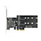 Schwarze PCIe-Erweiterungskarte für zwei M.2 SSDs mit Metallblende auf weißem Hintergrund.
