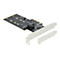 Schwarze M.2 SSD-Adapterkarte mit PCIe-Anschluss und Metall-Slotblech vor weißem Hintergrund.