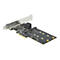 PCIe-Adapterkarte mit schwarzer Platine, silberner Blende und Anschlüssen für M.2 SSDs.