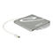 Externes silbernes Delock CD-Laufwerk mit USB-C-Kabel und eingelegter Disc.