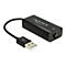 Schwarzer USB-zu-Ethernet-Adapter mit RJ45-Anschluss. USB-Stecker angeschlossen, Markenschriftzug.