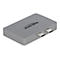 Silberner Delock USB-C Adapter mit zwei Anschlüssen auf weißem Hintergrund.