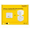 Weiße Dockingstation für SSDs auf gelbem Hintergrund. Text: USB Type-C, SuperSpeed USB 10 Gbps. Zwei Einzelteile bilden die Dockingstation.