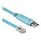 Hellblaues USB-auf-RJ45-Kabel mit USB-A-Stecker, RJ45-Stecker und Kabel. Detailansicht.