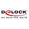 Delock Logo mit rotem Schwung und dem Slogan we move the world auf weißem Grund.