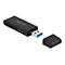 Schwarzer Delock USB 3.0 Kartenleser mit abgenommener Schutzkappe auf weißem Hintergrund.