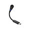 Schwarzes USB-Schwanenhalsmikrofon mit blauem LED-Lichtring und Mute-Taste vor weißem Hintergrund.