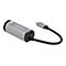 Silberner Delock USB-C-Adapter mit kurzem schwarzem Kabel vor weißem Hintergrund.