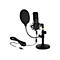 Schwarzes Kondensatormikrofon mit Stativ, Pop-Filter und USB-Kabel vor weißem Hintergrund.