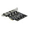 Schwarze PCIe-USB 3.0-Erweiterungskarte mit vier USB-Anschlüssen vor weißem Hintergrund.