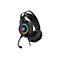 Schwarzes Gaming-Headset mit RGB-Beleuchtung am runden Ohrhörer und flexiblem Mikrofon vor weißem Hintergrund.