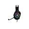 Schwarzes Gaming-Headset mit beleuchtetem LED-Ring und Mikrofonarm vor weißem Hintergrund.