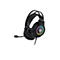 Schwarzes Gaming-Headset mit biegsamem Mikrofonarm und bunt leuchtendem LED-Ring an der Ohrmuschel.