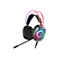 Schwarzes Gaming-Headset mit transparenter Ohrmuschel, Leiterplattendesign und bunter RGB-Beleuchtung.