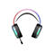 Gaming-Headset mit RGB-Beleuchtung, transparenten Gehäusen und einem Mikrofonarm vor weißem Hintergrund.