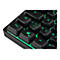 Nahaufnahme einer schwarzen Gaming-Tastatur mit grüner LED-Beleuchtung zwischen den Tasten.