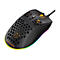Schwarze Gaming-Maus mit Wabenmuster, RGB-Beleuchtung und Aufschrift DM210 auf hellem Hintergrund.