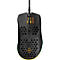 Schwarze Gaming-Maus mit orangefarbenen Akzenten. Aufschrift 'DM 210' und 'DELTACO GAMING'.