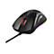 Schwarze Gaming-Maus mit Wabenmuster, RGB-Beleuchtung und Kabel vor weißem Hintergrund.
