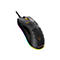 Schwarze, kabelgebundene Gaming-Maus mit Wabenmuster und bunter RGB-Beleuchtung auf weißem Grund.
