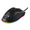 Schwarze Gaming-Maus mit Wabenmuster-Gehäuse, RGB-Beleuchtung und Kabel, auf weißem Hintergrund.