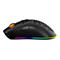 Schwarze Gaming-Maus mit Wabenstruktur und RGB-Beleuchtung in der Seitenansicht vor weißem Hintergrund.