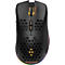 Schwarze Gaming-Maus mit orangefarbenen Akzenten und LED-Beleuchtung. Mit DM220-Schriftzug und Deltaco Gaming Logo.