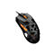 Schwarze Gaming-Maus mit skelettiertem Gehäusedesign und leuchtend orangen Tasten vor weißem Hintergrund.