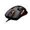 Schwarze Gaming-Maus mit Wabenmuster-Gehäuse und orangefarbenen Akzenten am Scrollrad und den Seitentasten.