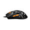 Schwarze Gaming-Maus mit Wabenstruktur und orangefarbenen Akzenten an den Tasten und am Mausrad.