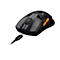 Schwarze Gaming-Maus mit orangen Akzenten und offenem Gehäuse, die per USB-C-Kabel geladen wird.