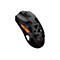 Schwarze Gaming-Maus mit skelettiertem Gehäuse, orangen Akzenten und sichtbarer Elektronik auf weißem Grund.