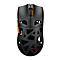 Schwarze Gaming-Maus mit orangefarbenen Akzenten und offenem Design.