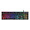 Schwarze Gaming-Tastatur mit bunter RGB-Hintergrundbeleuchtung vor weißem Hintergrund.