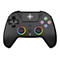 Schwarzer Gaming-Controller mit RGB-beleuchteten Analogsticks und farbigen Aktionstasten vor weißem Hintergrund.