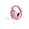 Ein hellrosa Gaming-Headset mit Kopfbügel und Mikrofon vor weißem Hintergrund.