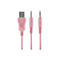 Rosa USB- und zwei Klinkenanschlüsse vor weißem Hintergrund.