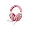 Rosa Gaming-Headset mit Ohrpolstern und flexiblem Mikrofon vor weißem Hintergrund.