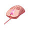 Rosa Gaming-Maus mit Wabenmuster und leuchtendem Mausrad auf weißem Hintergrund.