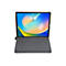 Ein graues Tablet mit angeschlossener Tastatur, auf dem der Startbildschirm angezeigt wird. Auf dem Bildschirm sind die Uhrzeit und chinesische Schriftzeichen zu sehen.
