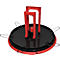 Objet circulaire noir avec des éléments rouges et des supports argentés, bord rouge avec inscription "X BOARD".