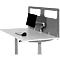 A gray desk with monitor, keyboard and mouse. Behind a felt partition.