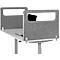 Grey desk partition with monitor cutout, keyboard, white desk, height adjustable.