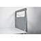 Gray felt desk partition. A rectangular cutout adorns the center. Mounted on a white desk.