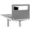 Gray desk partition with cutout, screen behind. On a light table, next to it keyboard.