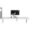 Desk with monitor, mount, mouse and partition against a white background.