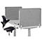 Gray soundproof panels on a white desk with a black office chair. The desk is height-adjustable.